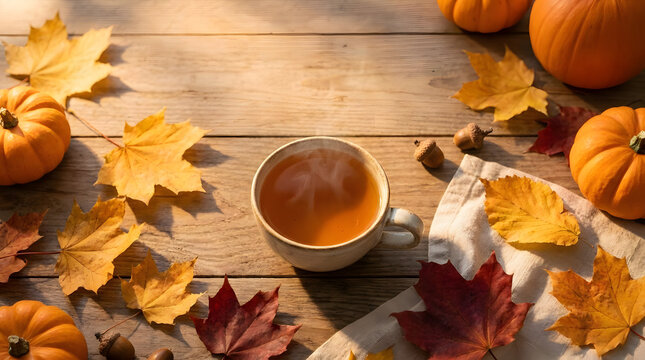 Autumn tea time with pumpkins and colorful leaves.