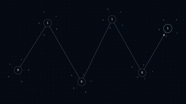 Abstract binary constellation animation showing digital data nodes connecting in a network.
