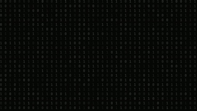 Abstract binary data field background with flickering digital code on black screen.
