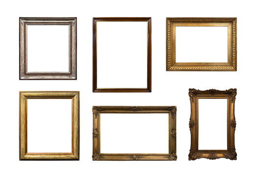 Collection of antique gilded picture frames isolated on white background