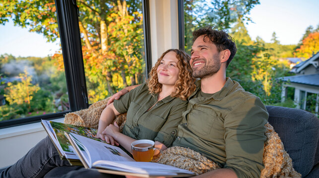 Married couple debriefing in a cluttered reading nook at dawn, real estate appraisal folders tucked beneath an open book and shared wool throw, a mug of tea warming between them as early morning mis