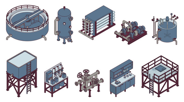 Corporate Isometric of Industrial Equipment and Laboratory Apparatus in Blue and Gray Tones with high quality professional line art symbols for modern creative design and digital branding projects