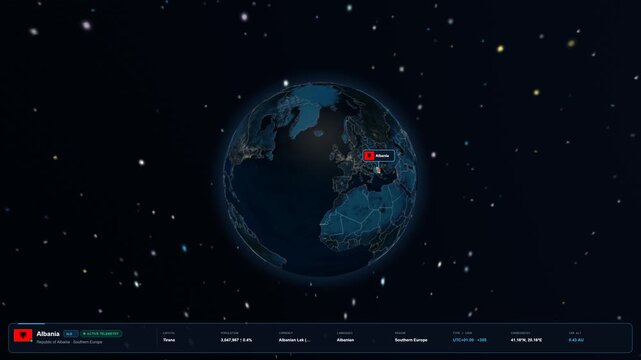 Albania on the Globe. Zoom into the country with the Earth spinning in space. High detail physical world map with Albania on it. Country view animation. Elements of this image furnished