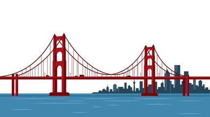 Fototapeta premium Red suspension bridge vector illustration spanning over blue water with a city skyline silhouette in the background, stylized architectural landscape with modern urban buildings.