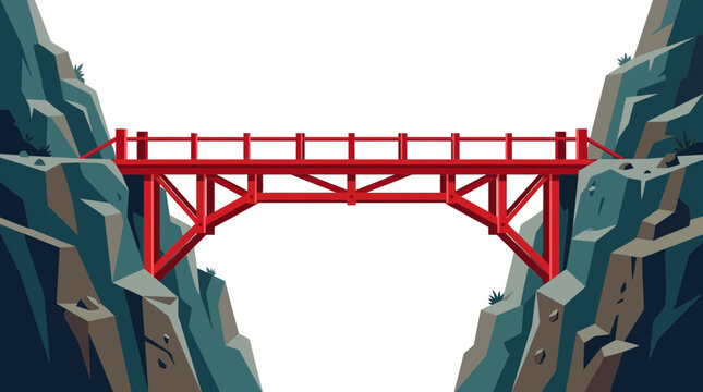 Red bridge spanning across two rocky cliffs in a mountain landscape, vector illustration of a scenic wooden structure connecting steep jagged peaks isolated on a white background.