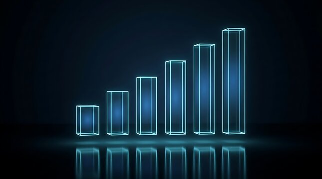 Abstract glowing neon bars rising from a dark reflective surface representing growth and data visualization