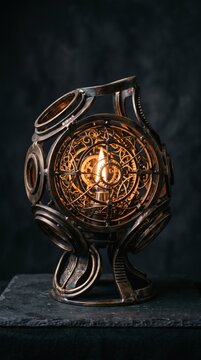 Intricate steampunk style metal lantern with a warm glowing flame inside.
