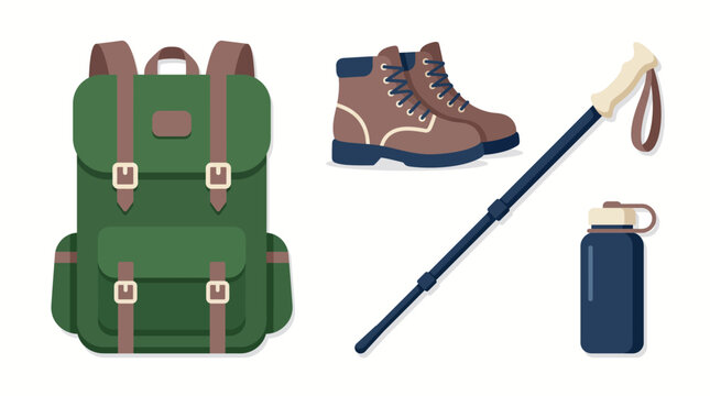 Set of hiking equipment including a green backpack, brown boots, walking pole and water bottle.