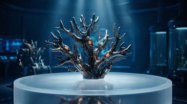 Futuristic metallic coral sculpture displayed on a glowing pedestal in a high-tech laboratory.