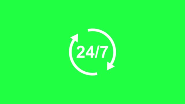 Rotating 24/7 service sign icon animation on green screen