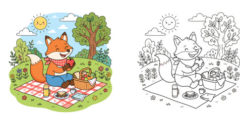 Fototapeta premium Cute Cartoon Fox Having a Picnic in a Sunny Park Illustration