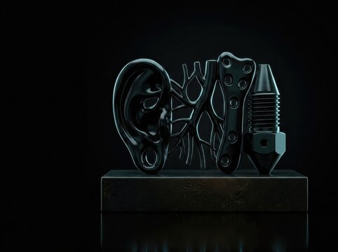 Cochlear implant concept with dark glossy ear and metal mechanics