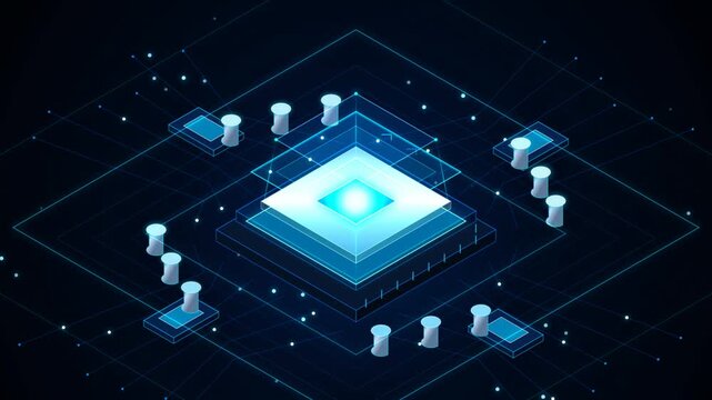 Futuristic Digital Microchip Processor Glowing With Blue Circuitry Lines In High Tech Server Network