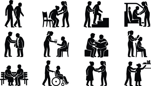 Set of black silhouettes showing a caregiver helping elderly people in daily activities