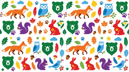 Obraz premium A vibrant array of woodland creatures and foliage creates a playful and colorful pattern, reflecting the beauty of nature in a whimsical design.