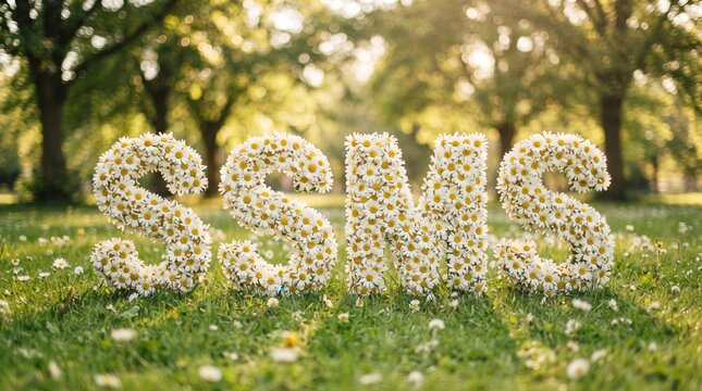 SSMS text made of white daisy flowers, floral letters on green grass in a sunny park, spring garden landscape with blooming flower typography