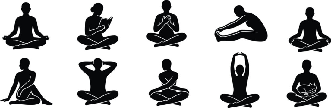 Set of black silhouettes of people doing yoga poses and meditation exercises for health