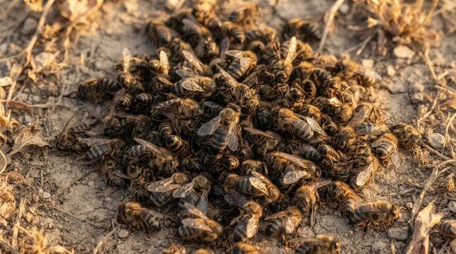 Cluster of dead honey bees on the ground, colony collapse disorder and environmental pollution concept