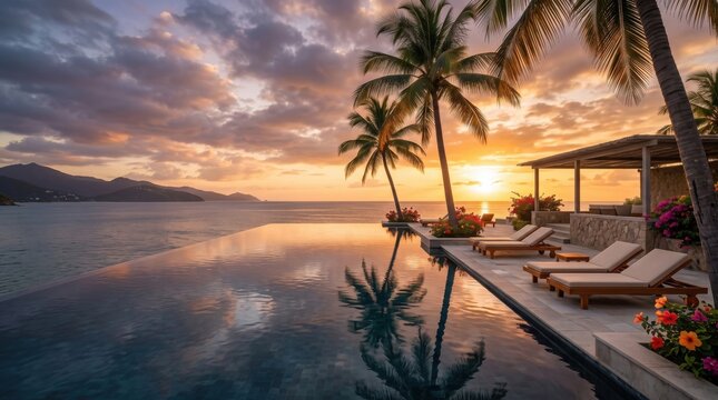 Panoramic infinity pool at an exclusive tropical resort beneath a dramatic sunset sky