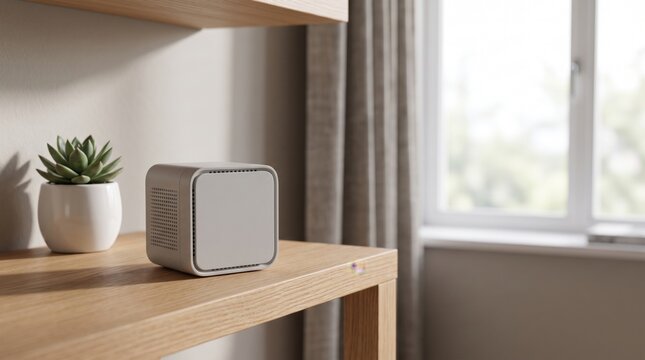 Compact radon detector displayed on a minimalist wooden shelf in a modern home