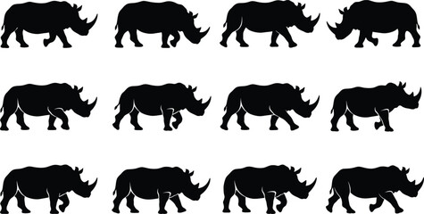 Obraz premium Set of black silhouettes of rhinoceros walking in different positions and postures