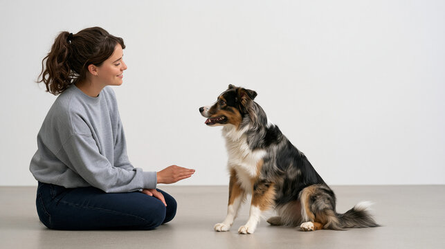 Dog trainer mid session in a bare minimalist studio, a working breed responding to a silent hand signal, the candid unposed moment catching the trainer mid exhale with genuine