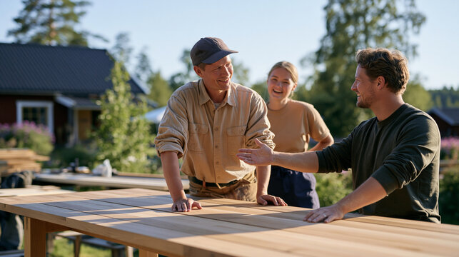 Finnish furniture maker and his partner evaluating a freshly completed dining table outside their rural workshop in harsh noon sun, sawdust still on their forearms, the launch of