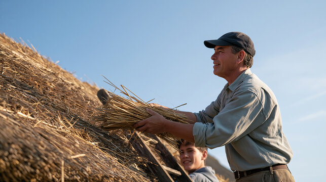 Traditional thatcher working a thatched roof in a vibrant outdoor heritage market below, elderly craftsman handing straw bundle down to a teenage apprentice at the ladder base,