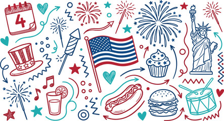 Obraz premium American Independence Day Celebration Illustration with Flag, Fireworks, Statue, Food, Drinks, Music, and Patriotic Decorative Elements