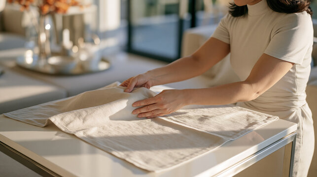 Home staging professional at golden hour adjusting a final decorative arrangement, close up on her hands draping linen across a side table, a new career chapter visible in