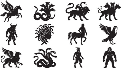 Fototapeta premium Collection of ancient greek mythology creatures and monsters silhouettes including pegasus, medusa, centaur, minotaur, and hydra