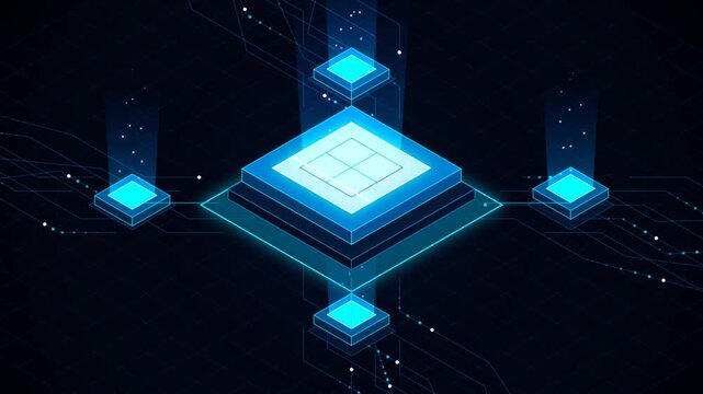Futuristic isometric microchip CPU on dark digital motherboard circuit background technology loop