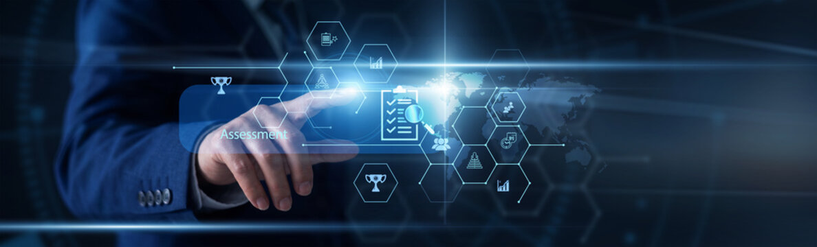 Risk evaluator hand pointing at Assessment data on a global digital security interface screen. Security inspector using interactive tablet to check network vulnerability.