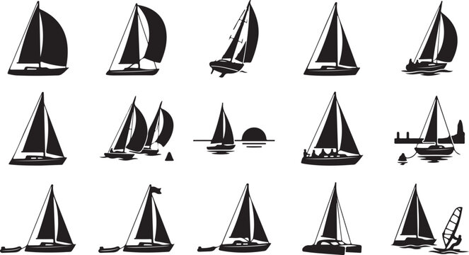 Collection of black silhouette featuring various types of sailing boats, yachts, and sailboats on a white background, set