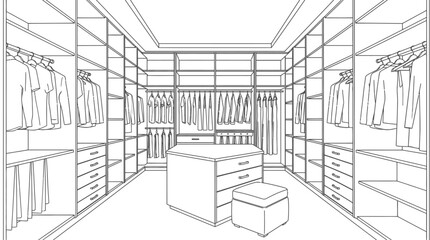 Fototapeta premium Creative Modern Walk in Closet Interior Design with Organized Clothing Racks Drawers and Shoe Storage in Black and White