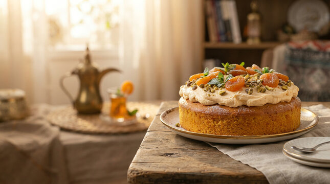Cream topped layer cake with dried apricots beside a brass teapot at home