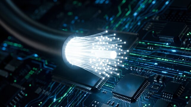glowing fiber optic cable on dark printed circuit board with microchips. high speed internet data transmission, modern network infrastructure concept. banner, website header, copyspace.
