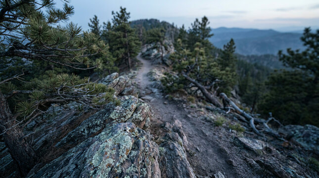 Dirt path along a rocky ridge crest between pines and distant mountains
