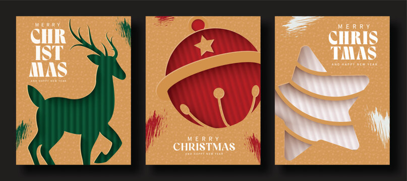 Set of Merry Christmas Kraft Paper Greeting Cards with Reindeer and Jingle Bell