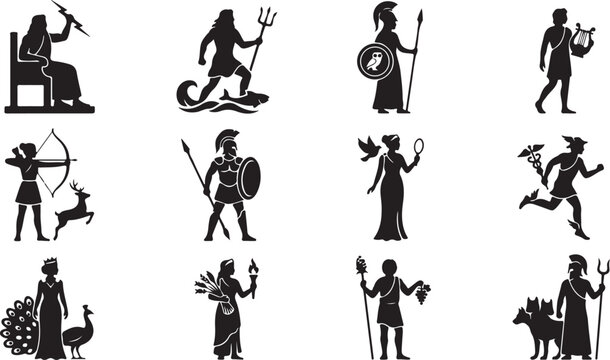 Set of black silhouette depicting various greek gods and goddesses from mythology, including zeus, poseidon, and athena