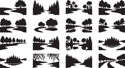 Fototapeta premium Set of twelve black and white landscape featuring winding rivers, deciduous trees, forest groves, reflections, and scenic countryside