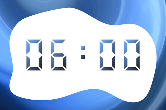 A blue-black gradient digital clock displaying 06:00 against an abstract blue background.