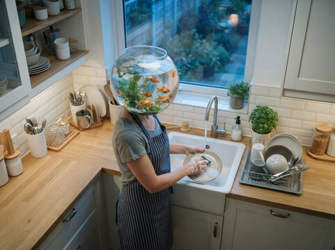 Person washing dishes wearing a goldfish bowl on their head in soft daylight