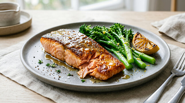 A delicious pan seared salmon fillet served with fresh broccolini and a slice of lemon on a plate.