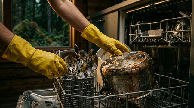 Gloved arms loading a soiled pot and cutlery into a dishwasher in soft daylight