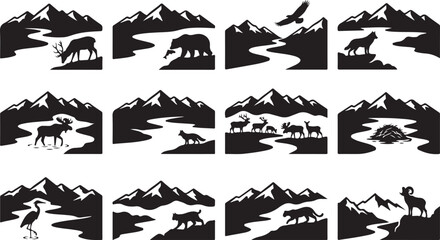 Fototapeta premium Twelve black and white of mountain landscapes with winding rivers and various wild animals like bears, deer, and eagles