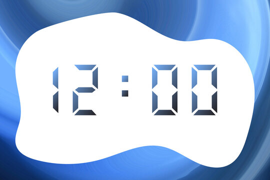 A blue-black gradient digital clock displaying 12:00 against an abstract blue background.