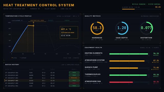 Explore the advanced heat treatment cycle quality and equipment health dashboard featuring animated charts and KPI displays in a premium dark interface with gold accents.