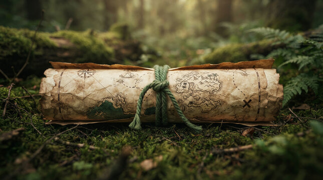 Rolled map tied with rope resting on a mossy log in a dense green forest