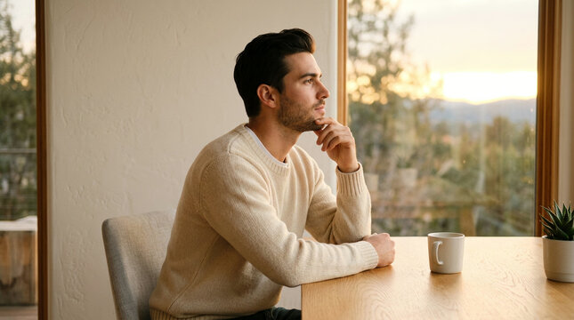 Man resting his chin on his hand looking out a window at trees and hills